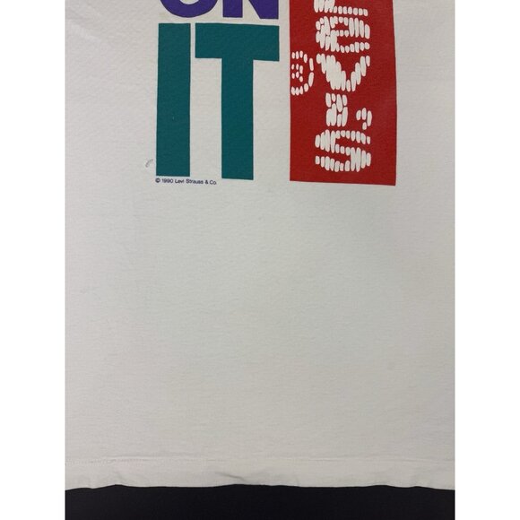 Vintage 1990 Levis Levi Strauss Denim Promo Sit On It White Shirt Rare XL Fit T - Picture 9 of 16